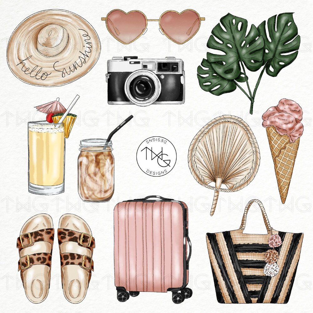 Summer Travel Fashion Lifestyle Illustration Clip Art Watercolor Clipart Icons Style Blog Blogger Bundle Hand Drawn Planner Sticker Graphics