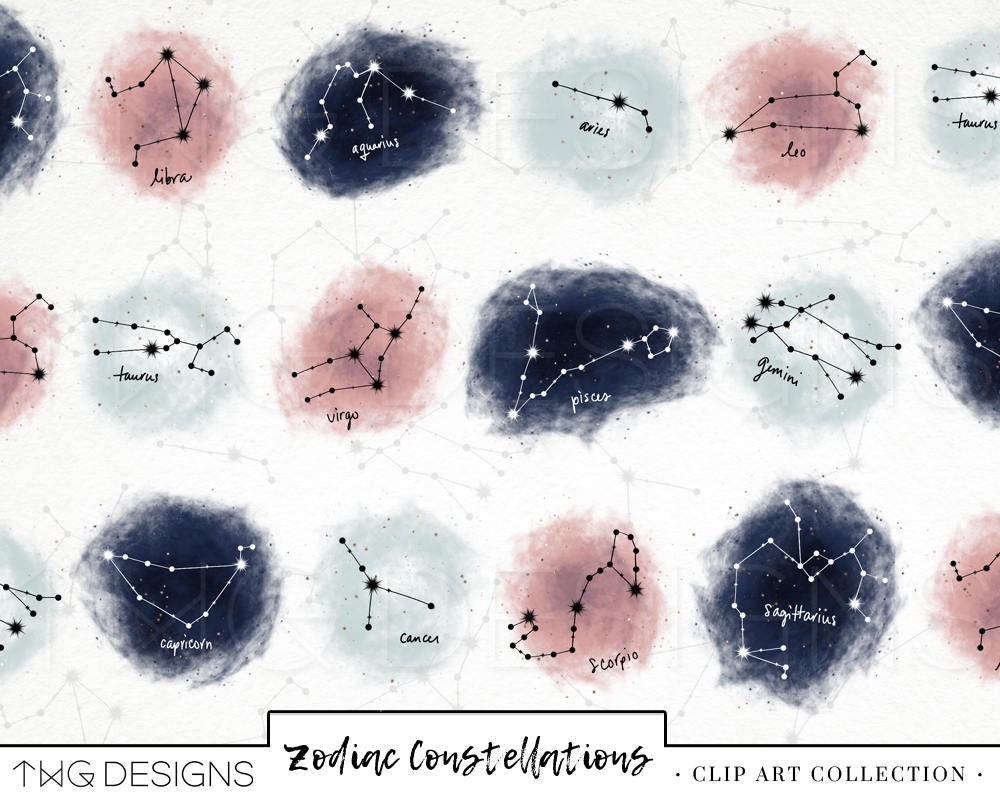 Zodiac Constellations Icons Clip Art Clipart Watercolor Hand Drawn PN…