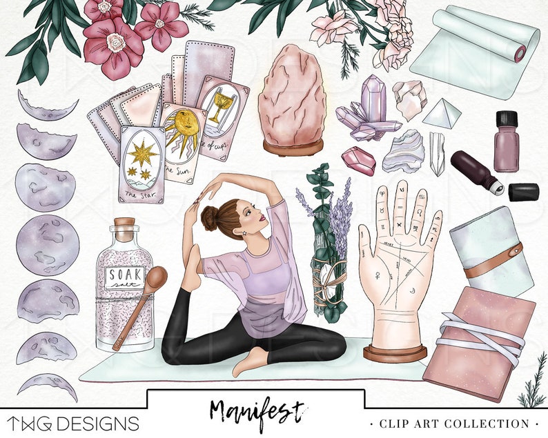 Manifestation Fashion Girl Clip Art Watercolor Clipart Crystals Moon Palmistry Tarot Cards Sage Journal Yoga Hand Drawn Sticker Graphics image 2