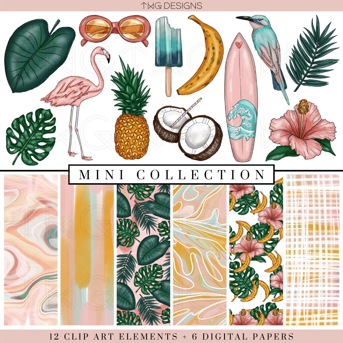 Tropical Clip Art & Digital Paper Collection Bundle Watercolor Foliage Flamingo Summer Fun Clipart Hand Drawn Planner Sticker Graphics Icons