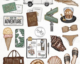 Coastal Summer Clipart: Roadtrip Travel Planner Stickers (Digital Download)