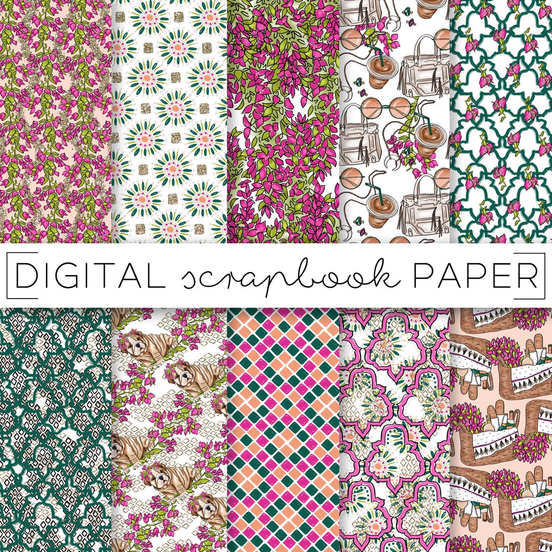 Fuchsia Pink Green Emerald Digital Scrapbook Paper Watercolor Gold ...