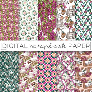 Fuchsia Pink Green Emerald Digital Scrapbook Paper Watercolor Gold ...