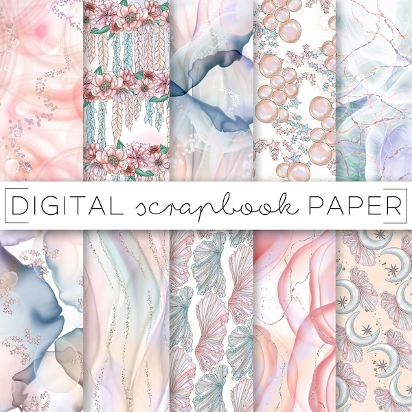 Puede incluir: Conjunto de 8 papeles digitales para scrapbooking con una variedad de patrones, incluyendo diseños florales, abstractos y geométricos. Los papeles son de colores pastel suaves con toques de purpurina dorada.