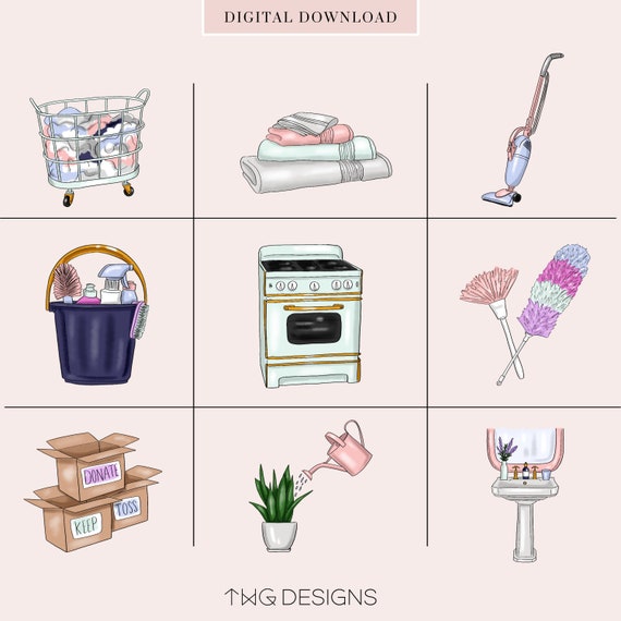 Watercolor Cleaning Icons: Hand-Drawn Planner Clipart (Digital Download)