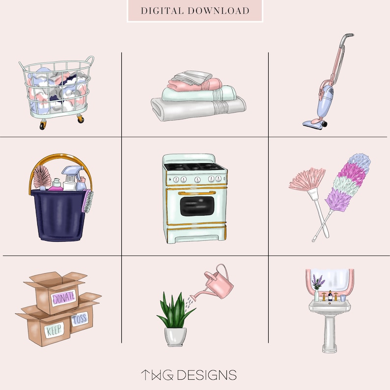 May include: A set of nine digital illustrations depicting various cleaning and organizing tasks. The illustrations include a laundry basket, a stack of towels, a vacuum cleaner, a cleaning bucket, a stove, a pair of feather dusters, a box labeled "Donate", "Keep", and "Toss", a watering can, a potted plant, and a bathroom sink.