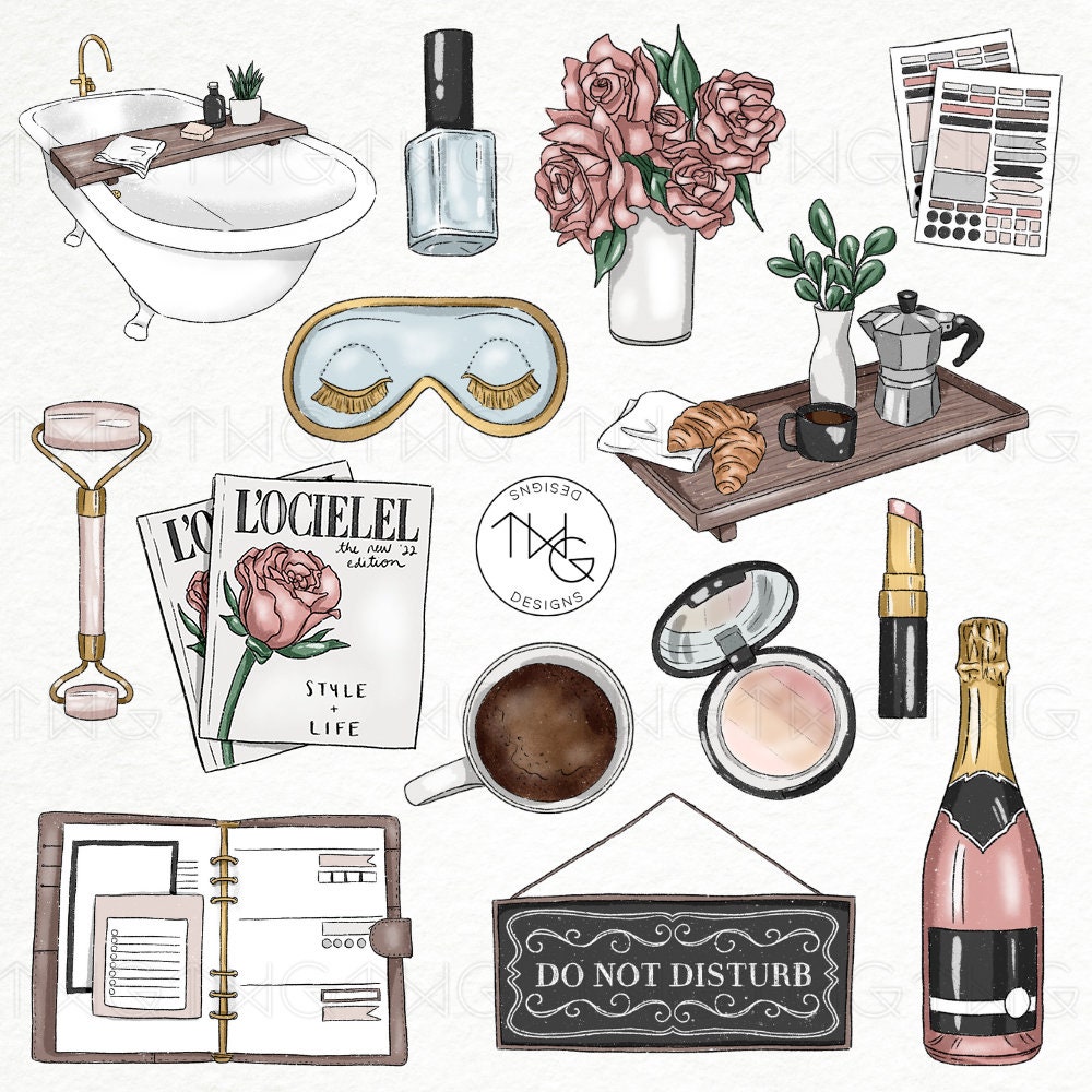 Feminine Fashion Illustrated Clipart Digital Stickers Icons Relaxing Self Care Breakfast Bathtub Flowers Nail Polish Planner Graphics Bundle
