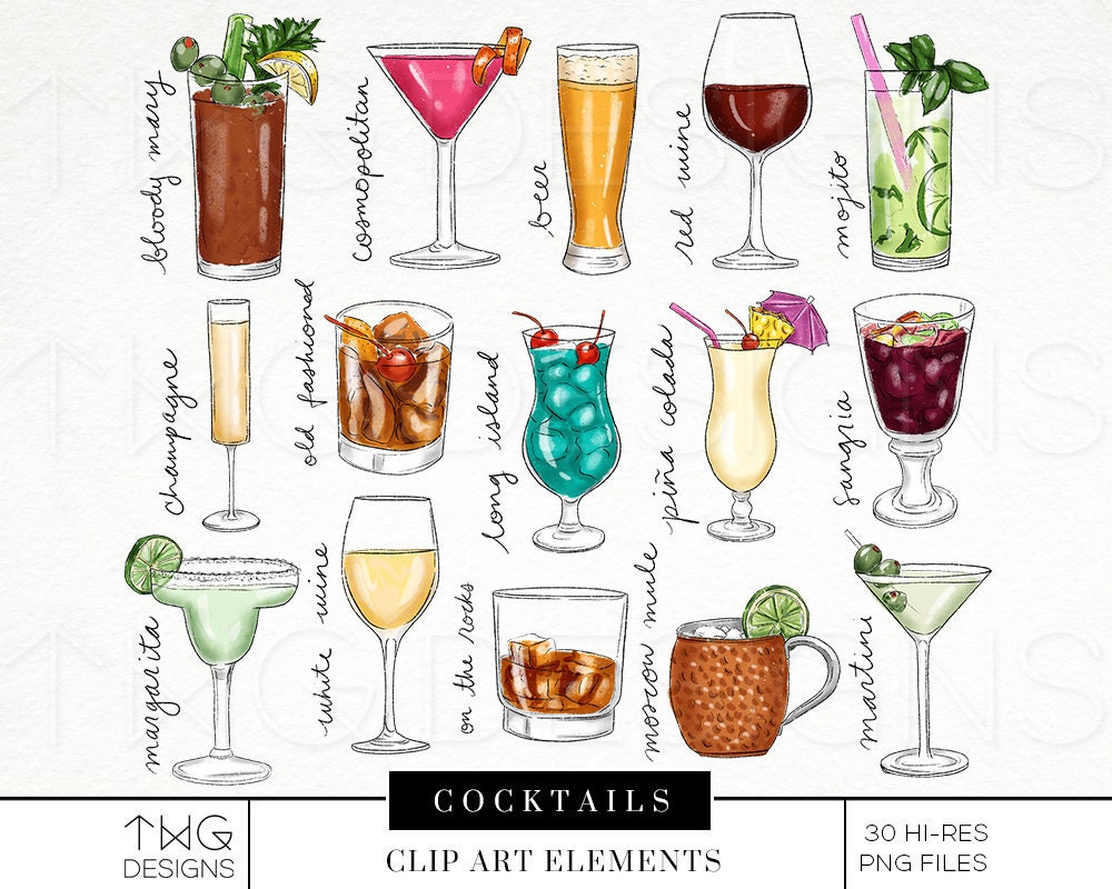 Cocktail Drinks Illustration Clip Art Watercolor Clipart Icons Etsy