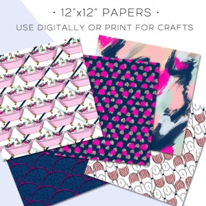May include: A collection of 12"x12" patterned papers. Designs include pink bathtubs, abstract brushstrokes, pink and silver polka dots on navy, and a navy fan pattern. The papers are suitable for digital use or printing for crafts.