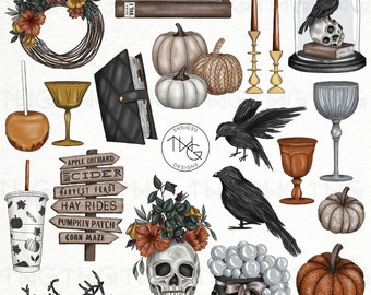 Halloween Clipart: Spooky Skulls, Ravens, Pumpkins (Digital Stickers)