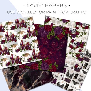 May include: A collection of 12"x12" decorative papers with various patterns. Designs include pumpkins with candles, floral arrangements, skulls with roses, and marble textures. The papers are suitable for digital use or printing for crafts.