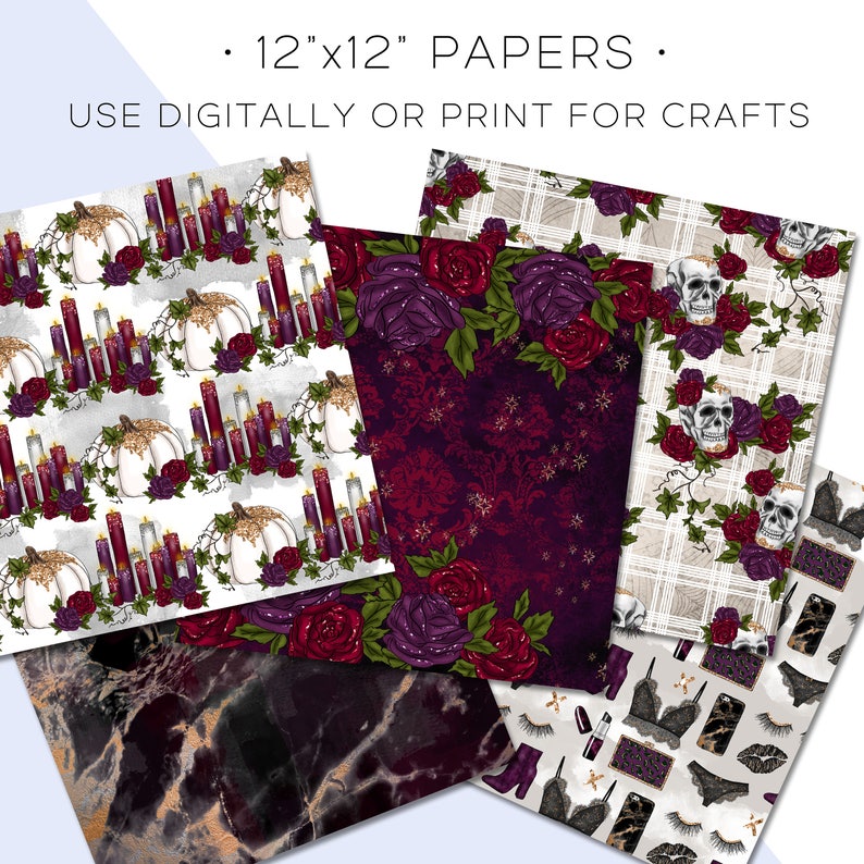 May include: A collection of 12"x12" decorative papers with various patterns. Designs include pumpkins with candles, floral arrangements, skulls with roses, and marble textures. The papers are suitable for digital use or printing for crafts.