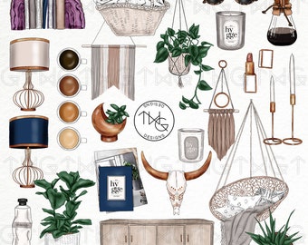Clipart Hygge Home : décoration bohème chic, agenda autocollants (PNG)