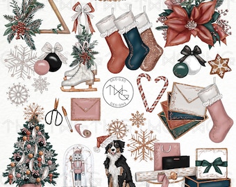Christmas Watercolor Clipart: Holiday Fashion Girl, Tree, Gifts (PNG)