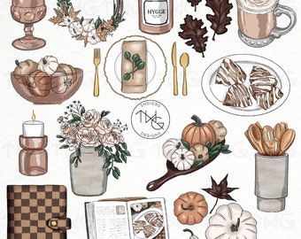 Fall Pumpkin Dinner Illustrated Clipart Digital Stickers Icons Cooking Leaf Candles Coffee Autumn Thanksgiving Planner Icons Graphics Bundle