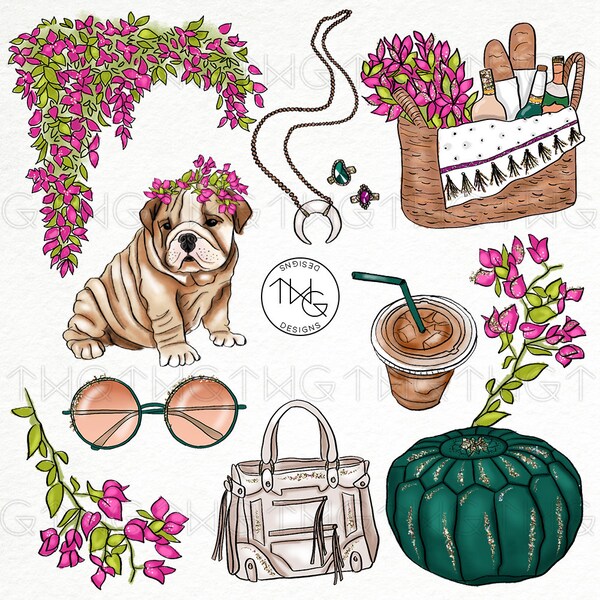 Bougainvillea Fashion Girl Watercolor Clipart: Boho Planner Graphics (PNG)