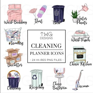 May include: A set of 24 colorful digital planner icons for cleaning tasks. The icons include illustrations of a dustpan and brush, a trash can, a watering can, a laundry basket, a toilet bowl, a vacuum cleaner, a kitchen stove, and more. The icons are perfect for organizing your cleaning schedule and keeping your home tidy.