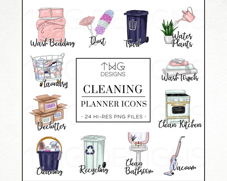 May include: A set of 24 colorful digital planner icons for cleaning tasks. The icons include illustrations of a dustpan and brush, a trash can, a watering can, a laundry basket, a toilet bowl, a vacuum cleaner, a kitchen stove, and more. The icons are perfect for organizing your cleaning schedule and keeping your home tidy.