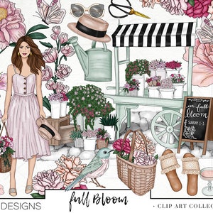Flower Cart Fashion Girl Clip Art Watercolor Clipart Flowers Garden Spring Summer Market Floral Bouquets Rose Hand Drawn Sticker Graphics image 2