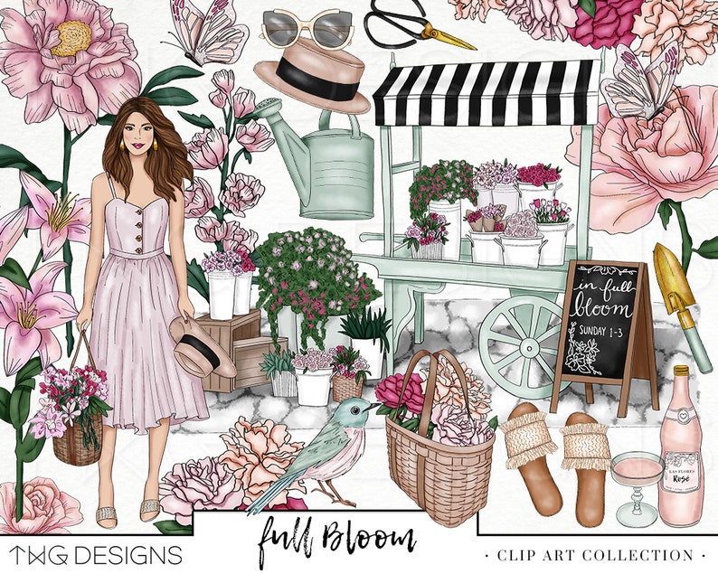 Flower Cart Fashion Girl Clip Art Watercolor Clipart Flowers Garden Spring Summer Market Floral Bouquets Rose Hand Drawn Sticker Graphics image 2