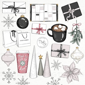 Modern Minimal Holiday Illustrated Clipart Digital Stickers Icons Coffee Ornaments Gifts Snowflakes Presents Planner Graphics Bundle