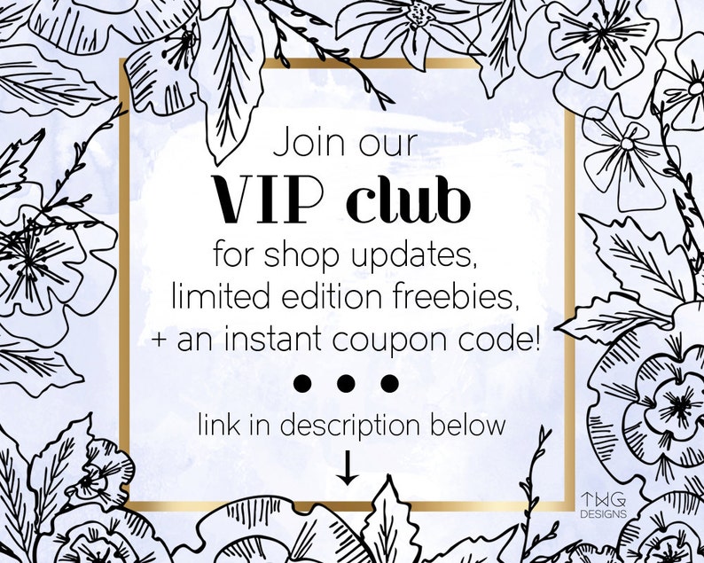 K&ouml;nnte beinhalten: Ein goldener Rahmen mit wei&szlig;em Hintergrund und schwarzen floralen Designs. Der Text im Rahmen lautet "Treten Sie unserem VIP-Club bei, um &uuml;ber Shop-Updates, limitierte Editionen von Gratisartikeln und einen sofortigen Gutscheincode informiert zu werden! Link in der Beschreibung unten".