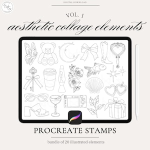 Aesthetic Procreate Stamp Brushes - Collage Elements Vol. 1 - Line Art Illustrated Stamps Set for Procreate App