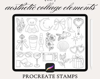 Aesthetic Procreate Stamp Brushes - Collage Elements Vol. 1 - Line Art Illustrated Stamps Set for Procreate App