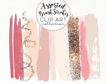 Paint Brush Strokes Clip Art Clipart Pink Neutral Gold Acrylic Glitter HiRes PNG Commercial Use Hand Drawn Graphics Instant Digital Download