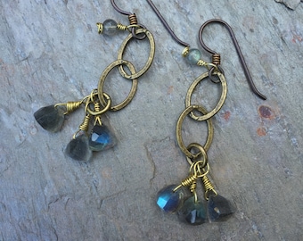 Trio of Labradorite Earrings, Antiqued Brass Earrings, Blue Earrings, Dangle Earrings, Gift for Her