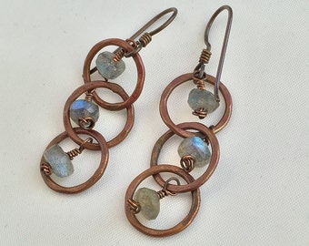 Three Ring Copper Labradorite Earrings, Trio Earrings, Labradorite Dangle Earrings, Triplet Earrings