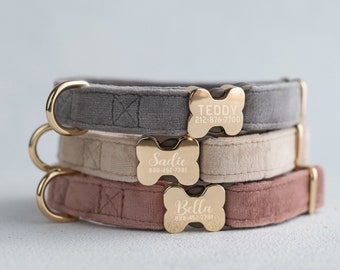 Velvet Dog Collar personalized, dog collar personalized, dog collar girl, dog collar engraved, vegan dog collar, fabric dog collar,bone GOLD