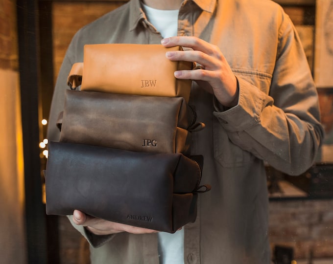 Gepersonaliseerde lederen dopp kit voor mannen, leren toilettas, gepersonaliseerd cadeau, heren dopp kit, heren toilettas met naamstempel