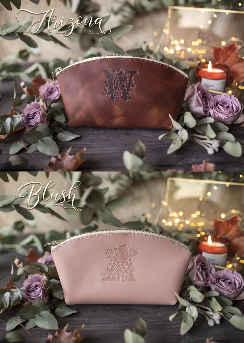 Bridesmaid gifts, Leather makeup bag, Mothers day gift, Personalized gift, Bridesmaid, Gift for her, Personalized with Floral Initial zdjęcie 3