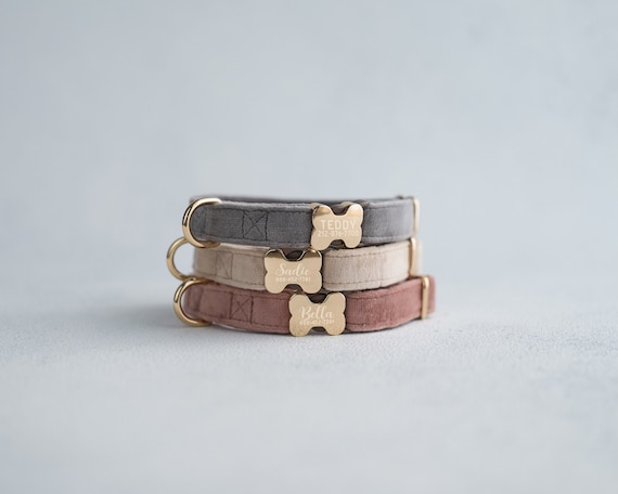 Velvet Dog Collar personalized, dog collar personalized, dog collar girl, dog collar engraved, vegan dog collar, fabric dog collar,bone GOLD