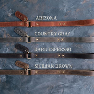 May include: Four leather dog leashes in different colors and textures, with the names "Lucy", "Lola", "Teddy", and "Buddy" on the tags. The leashes are labeled with the colors "Arizona", "Country Gray", "Dark Espresso", and "Sicilian Brown".