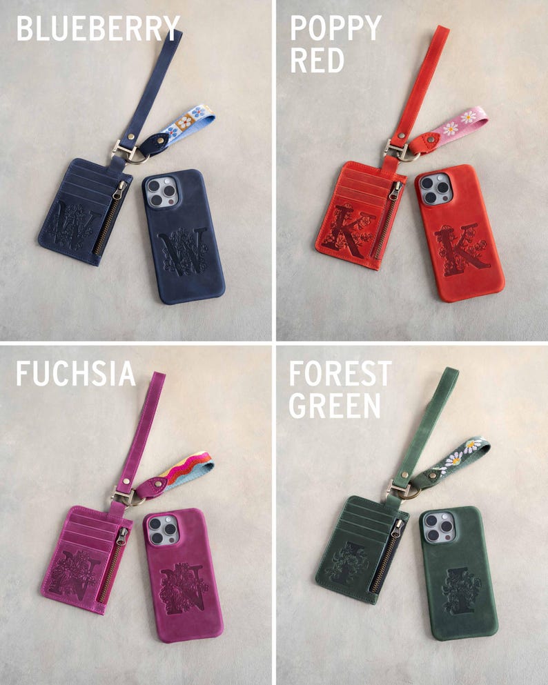 May include: A collage of four leather phone cases and matching cardholders in Blueberry, Poppy Red, Fuchsia, and Forest Green. Each set includes a phone case, cardholder with a zipper, and a wrist strap with decorative floral or patterned accents. The phone cases and cardholders feature embossed initials.