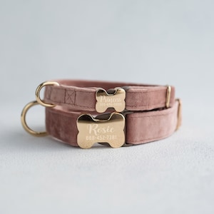 May include: Two pink velvet dog collars with gold bone-shaped tags. The top tag reads "Princess" with a phone number and the bottom tag reads "Rosie" with a phone number.