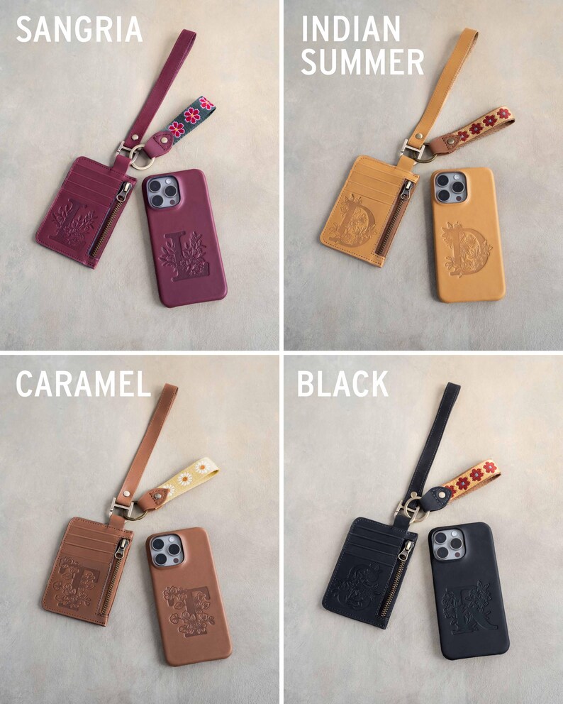May include: Four leather phone cases and matching cardholders in Sangria, Indian Summer, Caramel, and Black. Each set includes a phone case, cardholder with a zipper, and a wrist strap with decorative floral accents. The phone cases and cardholders feature embossed designs.
