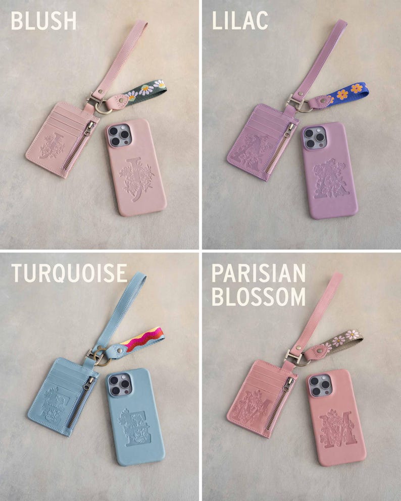 May include: Four leather phone cases and matching cardholders in blush, lilac, turquoise, and Parisian blossom. Each set includes a wrist strap with a decorative floral pattern. The phone cases and cardholders have a floral design.