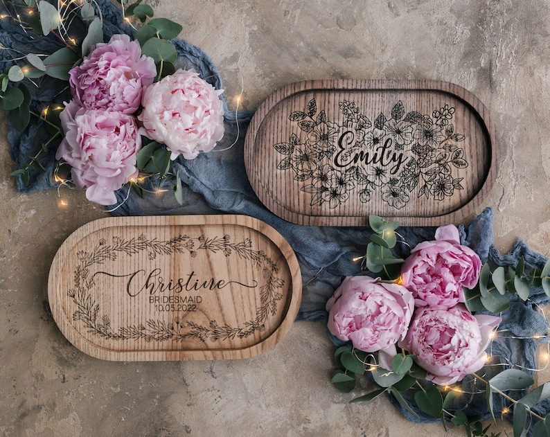 Bridesmaid gifts jewelry tray personalized wooden bridesmaid gifts custom engraved jewelry tray, floral bridesmaid jewelry tray personalized image 1