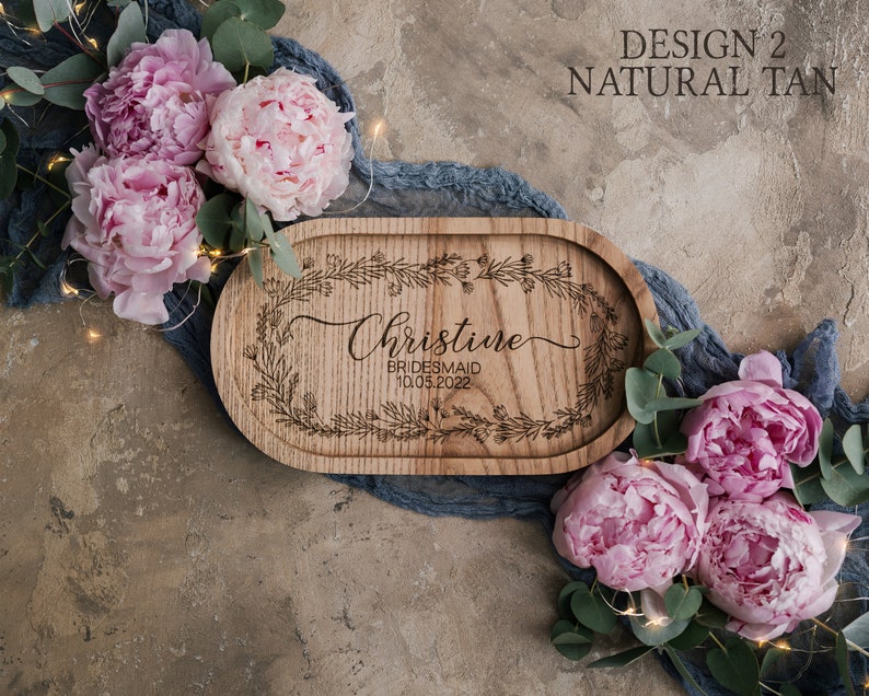 Bridesmaid gifts jewelry tray personalized wooden bridesmaid gifts custom engraved jewelry tray, floral bridesmaid jewelry tray personalized Design 2