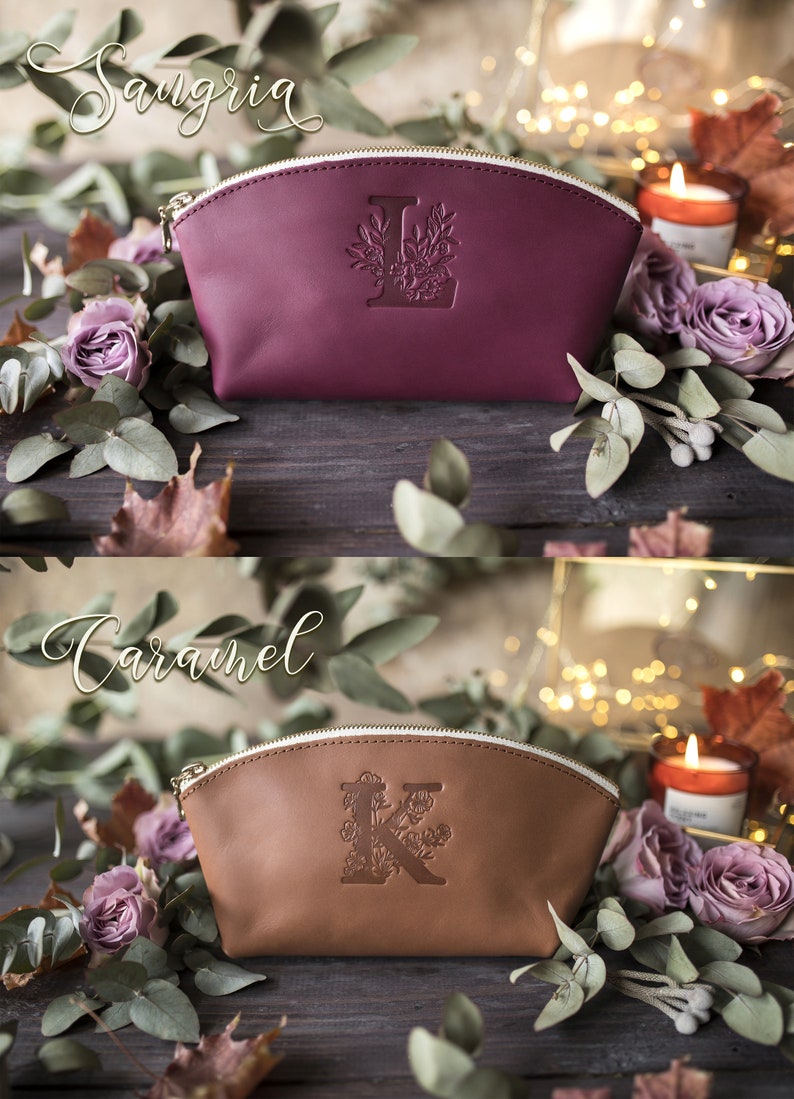 Bridesmaid gifts, Leather makeup bag, Mothers day gift, Personalized gift, Bridesmaid, Gift for her, Personalized with Floral Initial zdjęcie 4