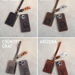 May include: Four leather phone cases and matching cardholders in various colors: dark espresso, Sicilian brown, country gray, and Arizona. Each set includes a phone case and a cardholder with a zipper, connected by a wrist strap. The phone cases have a decorative design.