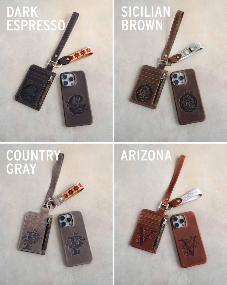May include: Four leather phone cases and matching cardholders in various colors: dark espresso, Sicilian brown, country gray, and Arizona. Each set includes a phone case and a cardholder with a zipper, connected by a wrist strap. The phone cases have a decorative design.