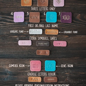 May include: A guide for customizing leather stamps with different options for single letters, three letters, first or last names, extra symbols, dates, camera and lens icons. Choose from plain or gold lettering. Please provide personalization instructions in the checkout note.