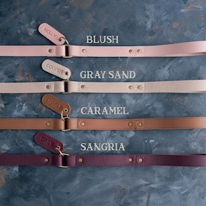 May include: Four leather dog leashes in different colors: blush, gray sand, caramel, and sangria. Each leash has a brass buckle and a matching leather tag with a name on it.