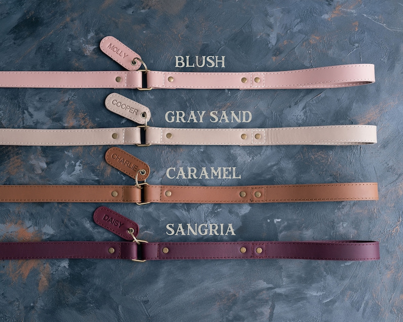 May include: Four leather dog leashes in different colors: blush, gray sand, caramel, and sangria. Each leash has a brass buckle and a matching leather tag with a name on it.