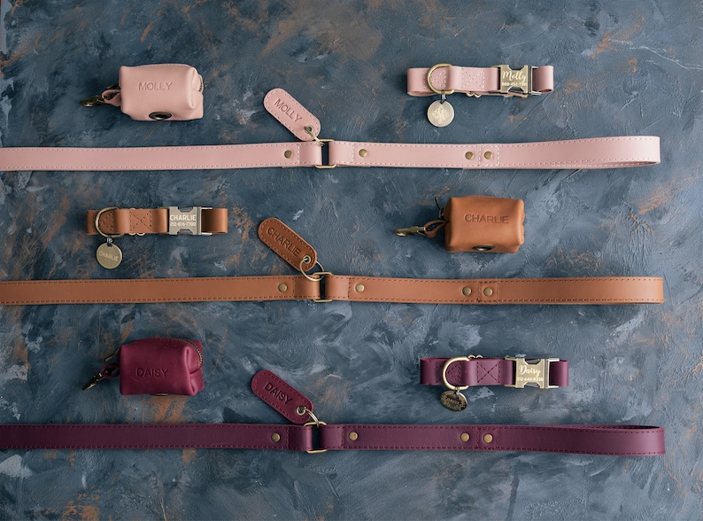 May include: Three sets of dog collars and leashes with matching poop bag holders. The collars and leashes are made of leather and come in pink, brown, and burgundy. The poop bag holders are personalized with the names "Molly", "Charlie", and "Daisy".