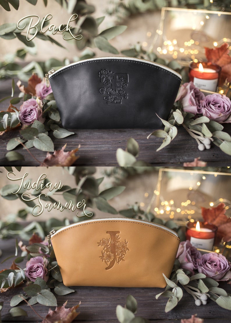 Bridesmaid gifts, Leather makeup bag, Mothers day gift, Personalized gift, Bridesmaid, Gift for her, Personalized with Floral Initial zdjęcie 10